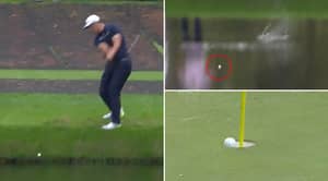 Jon Rahm Hits An Unbelievable Hole-In-One By Skimming The Ball Across The Pond During Masters Practice