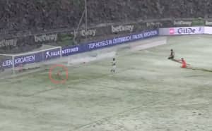 Hannover Player's Shot Cleared Off The Line After Snow Slows Down The Ball 