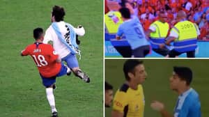 Luis Suarez Trying To Get Chile Player Sent Off For Tripping Up Pitch Invader Will Never Get Old