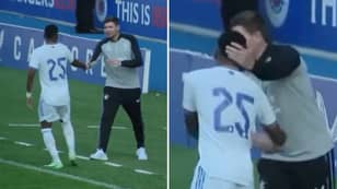 The Moment Real Madrid's Rodrygo Notices He's Standing Next To 'Legend' Steven Gerrard 
