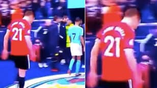 The Moment Ander Herrera Appears To Spit On Manchester City's Crest As He Walks Off The Pitch 