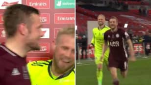 Kasper Schmeichel Drags Jamie Vardy Away From Interview To Celebrate FA Cup Win