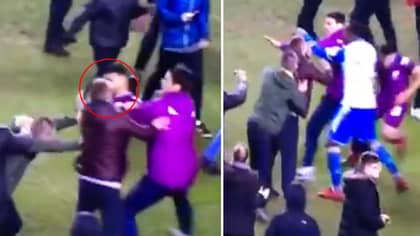 Watch: Sergio Aguero Hits Wigan Fan During Post-Match Pitch Invasion