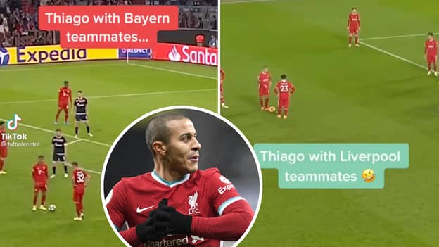 Footage Emerges Of Embarrassing Difference Between Thiago's 'No-Look Free-Kick' With Bayern Munich And Liverpool Players