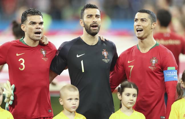 Ronaldo belts out the Portuguese national anthem. Image: PA