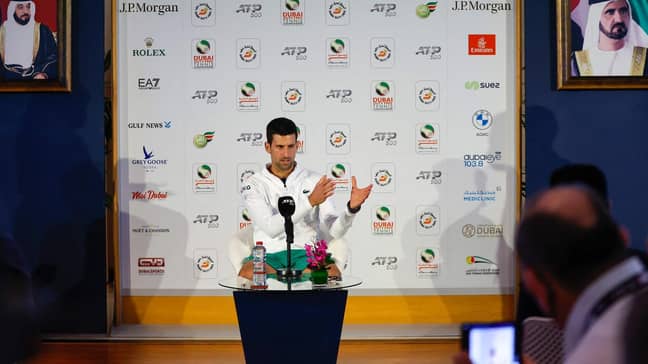 Novak Djokovic speaks at the Dubai Duty Free Tennis Championship. Credit: jorge ferrari / AFP