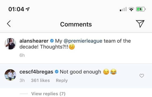 Fabregas' reply to Shearer. Image: Instagram