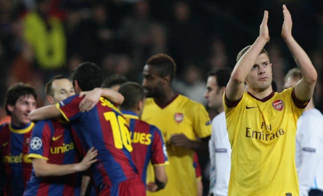 Wilshere applauds the away fans as Barcelona celebrate going through in the second leg. Image: PA Images