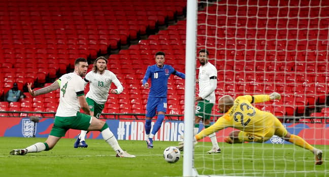 Sancho makes it 2-0 to England. Image: PA Images