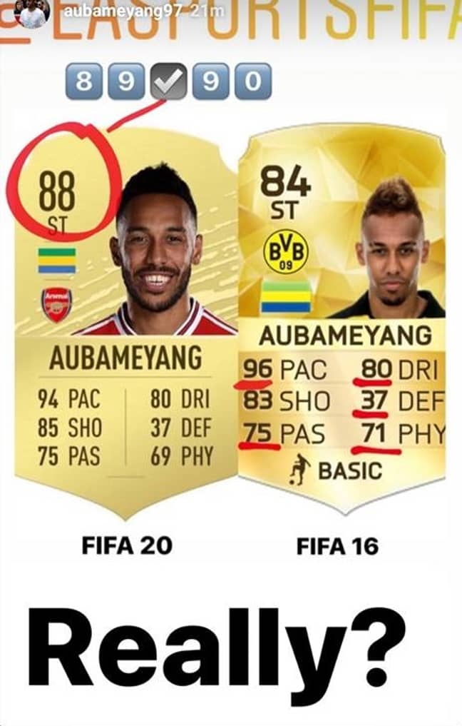 Aubameyang has lost a yard of pace according to FIFA 20. Image: Instagram