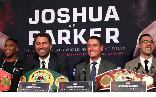 Joshua and Parker with their promoters during the pre-fight presser. Image: PA