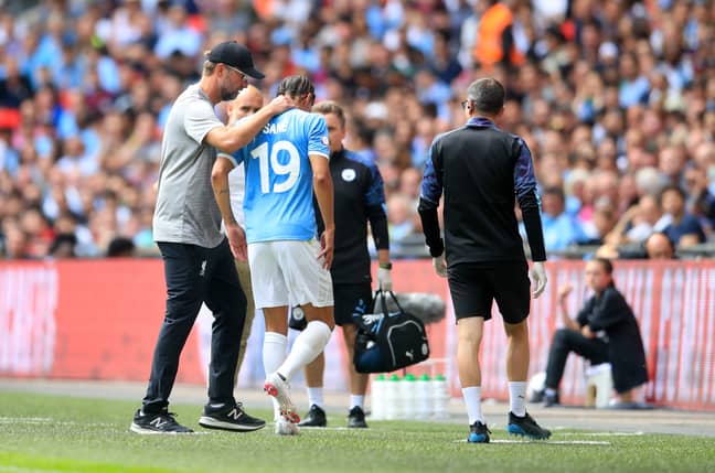 Sane consoled off as he left the Community Shield. Image: PA Images