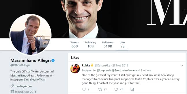 Allegri's Twitter 'likes' suggests he's no fan of Klopp. Image: PA Images