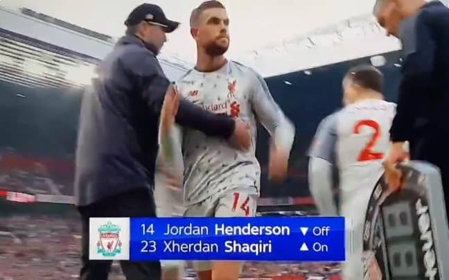 Henderson just ignores Klopp's outstretched arm. Image: Sky Sports
