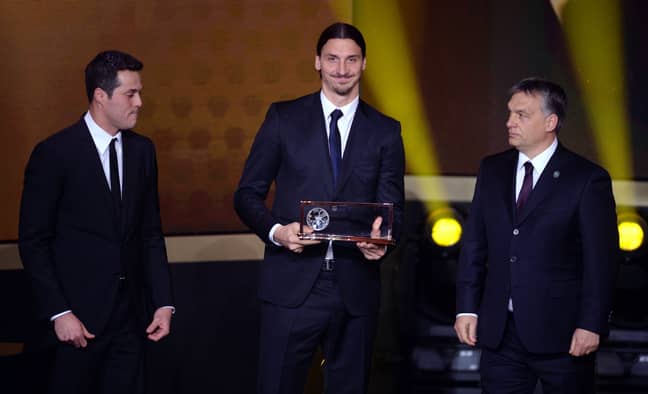 Zlatan with the Puskas Award after that strike for Sweden against England in 2013. Image: PA Images