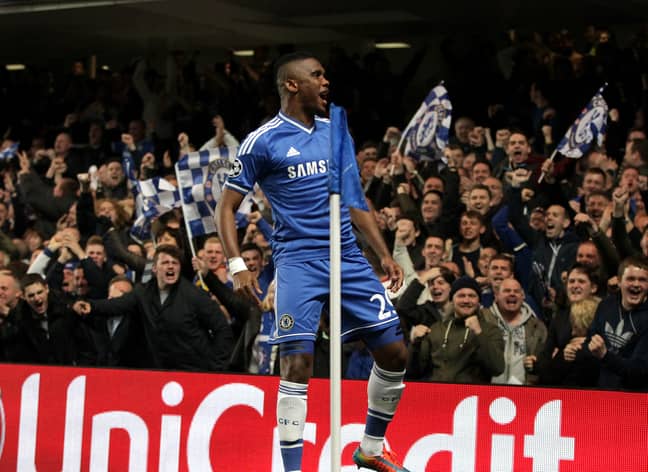 Eto'o celebrates scoring a goal for Chelsea. Image: PA