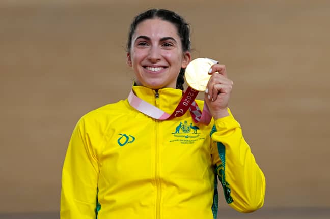 Australia's Paige Greco holds her gold medal after winning the Cycling Track Women's C1-3 3000m Individual Pursuit. Credit: PA