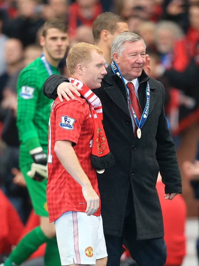 Scholes and Fergie left the game together. Image: PA Images