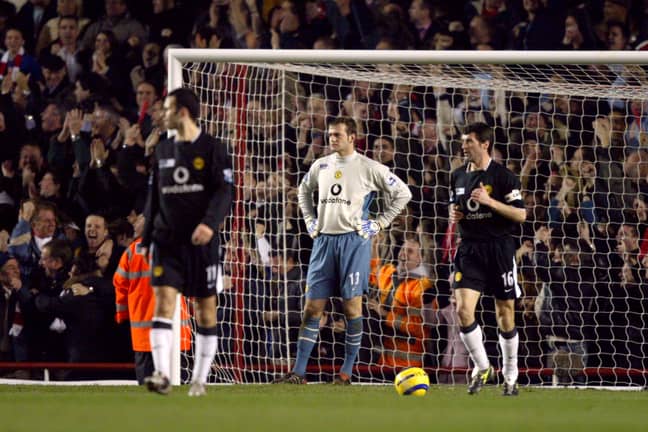 Roy Keane stands dejected after the opening goal scored by Arsenal's Patrick Vieira. Image: PA