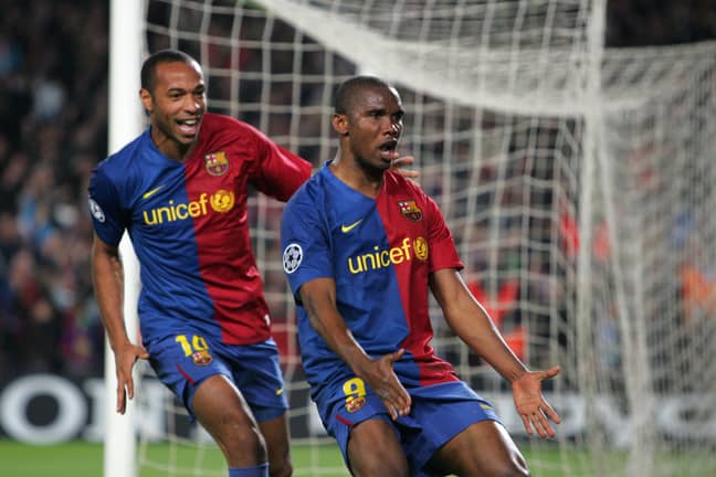 Eto'o celebrates scoring at Camp Nou. Image: PA