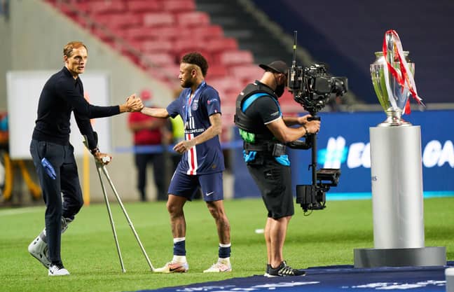 Tuchel with Neymar after they failed to beat Bayern Munich. Image: PA Images