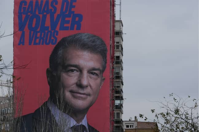 Laporta on a campaign banner outside of the Bernabeu. Image: PA Images