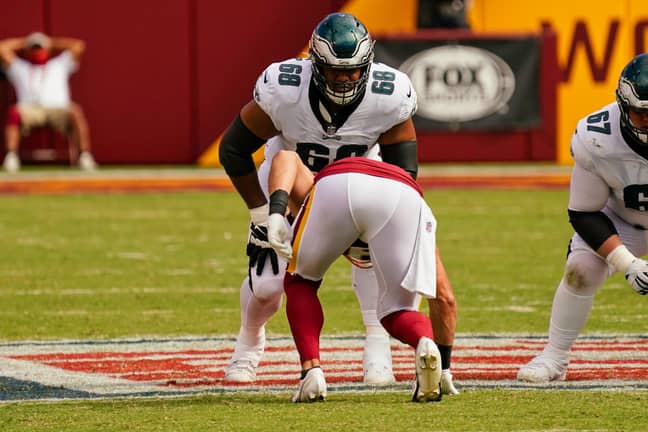 Jordan Mailata lined up against second overall pick Chase Young and the Washington defence. Credit: PA 