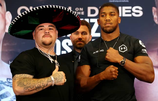 Ruiz Jr and Anthony Joshua square up in the pre fight press conference. Image: PA Images