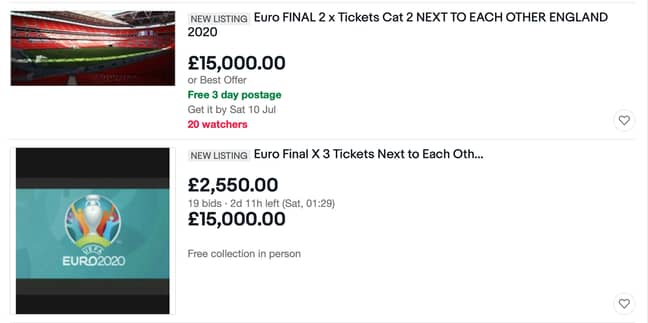 The highest-priced tickets for the final listed on eBay were two seats sat next to each other for £15,000