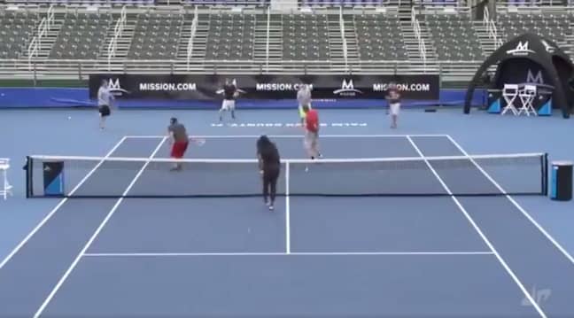 The men stood no chance against tennis legend Serena Williams. Credit: Dude Perfect/YouTube