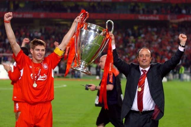 Benitez and Steven Gerrard with the Champions League trophy after their famous night in Istanbul back in 2005. Image: PA Images