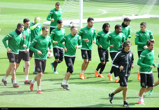 Sporting Lisbon players in training on Wednesday. Image: PA