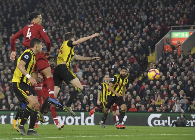 Van Dijk heads home the fifth for Liverpool. Image: PA Images