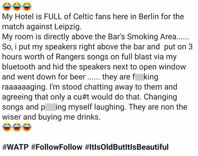 Rangers fan claims he was playing music from his team into the hotel. Image: Twitter