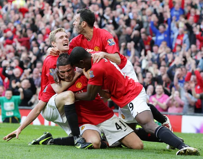 Macheda scores against Villa before being mobbed by his teammates. Images: PA Images