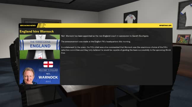 Here we go. Confirmation of Warnock's appointment as England manager. Image credit: Football Manager 2022
