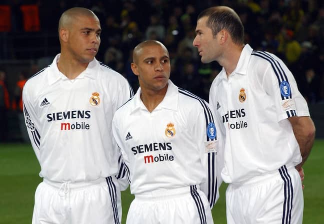 Ronaldo (L) and Zidane (R) with Real Madrid teammate Roberto Carlos (C) in 2003. (Image Credit: PA)
