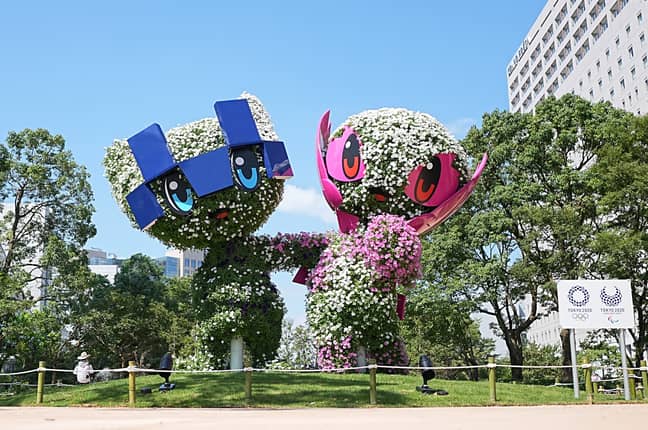 Figures formed from plants represent the mascots Miraitowa (L) for the Olympics and Someity (R) for the Paralympics. (Credit: PA)