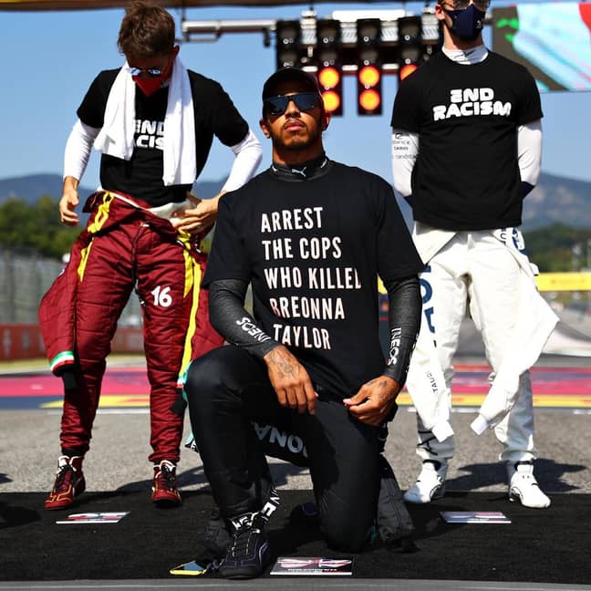 Lewis Hamilton takes a knee before the Tuscan Grand Prix. Credit: Instagram