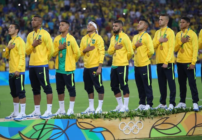 Team of Brazil during the medal ceremony after the Men's soccer Gold Medal Match between Brazil and Germany during the Rio 2016 Olympic Games