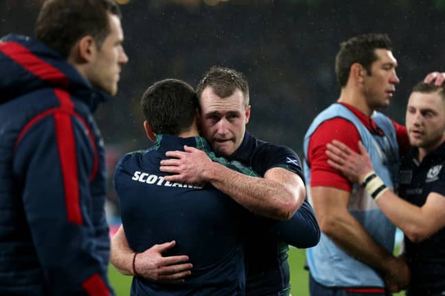 Scotland's Stuart Hogg dejected after a referee error ends their World Cup. Image: PA Images