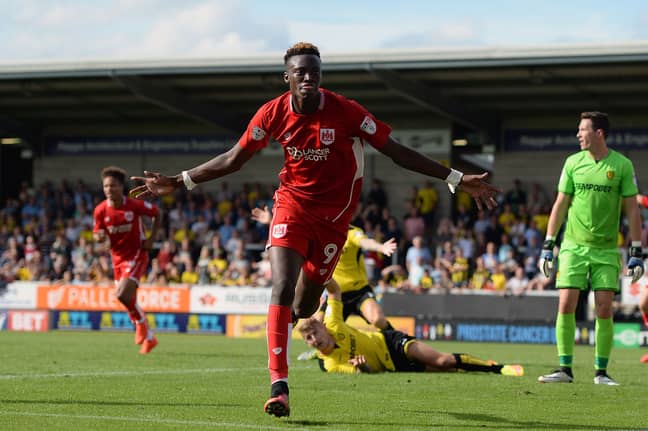 Abraham wheels away in celebration after scoring a goal for Bristol City. Image: PA