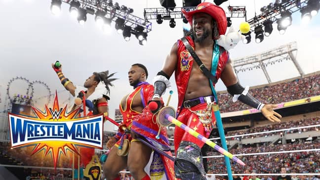 The New Day have had some, erm, interesting fashion choices at the past couple of WrestleManias. Images: WWE