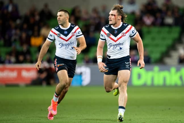 Roosters duo James Tedesco and Angus Crichton. Credit: PA