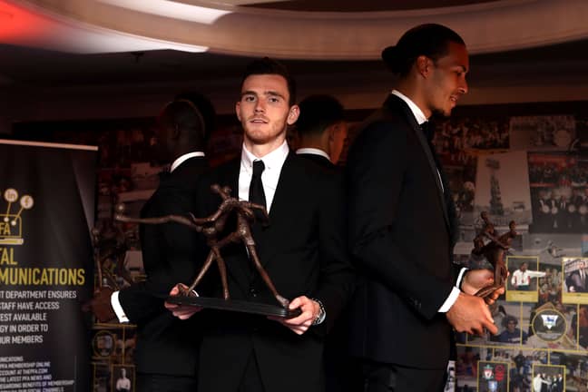 Andrew Robertson holds his award whilst Van Dijk holds the Player of the Year award. Image: PA Images