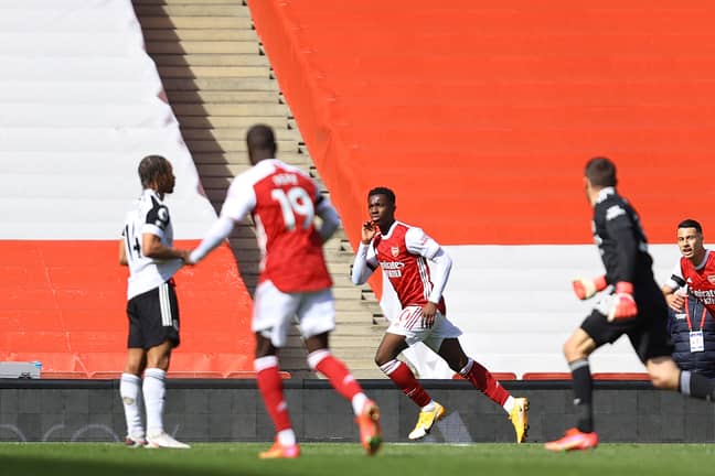 Arsenal's Eddie Nketiah celebrates after equalising against Fulham with seconds to go in last weekend's fixture