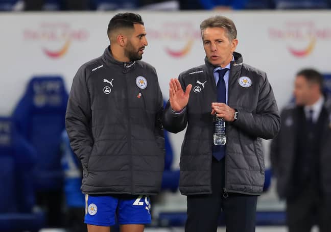Puel and Mahrez in conversation. Image: PA