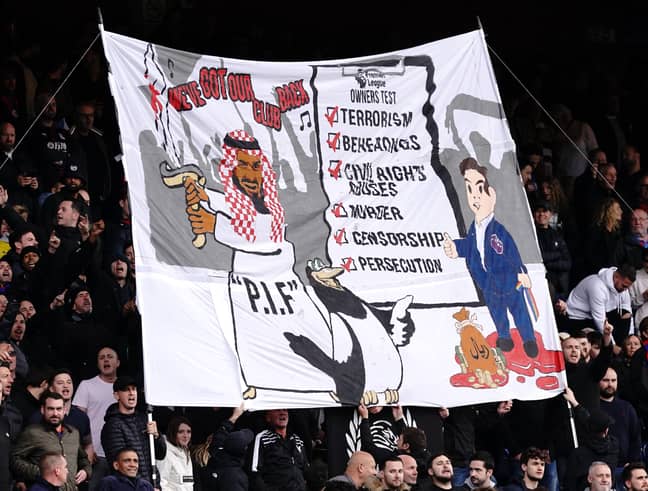 PA: Crystal Palace fans unveil a gory banner criticising Newcastle United's new owners.