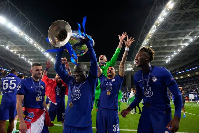 Kante celebrates winning the title with his teammates. Image: PA Images