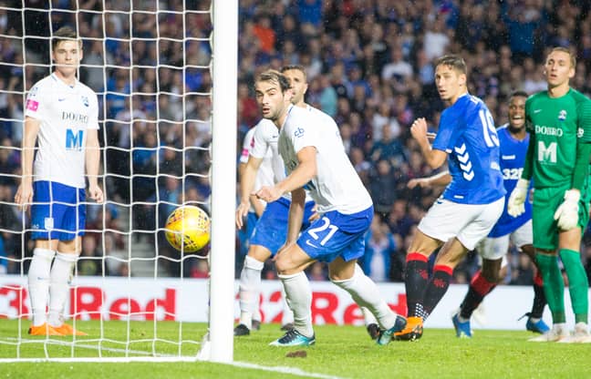Katic watches on as he scores his first Rangers goal. Image: PA Images